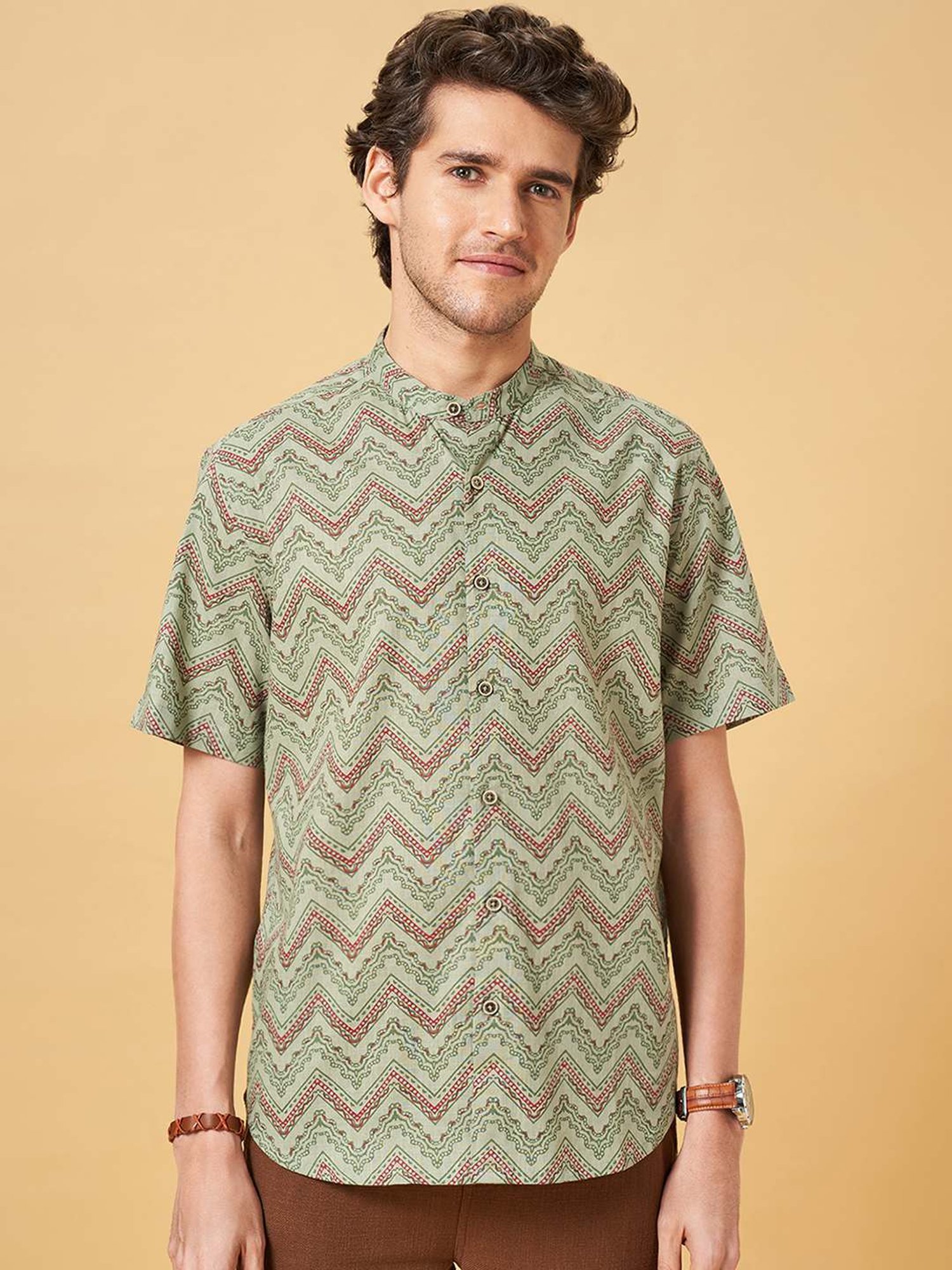 Indus Route By Pantaloons Powder Blue Regular Fit Printed Shirt