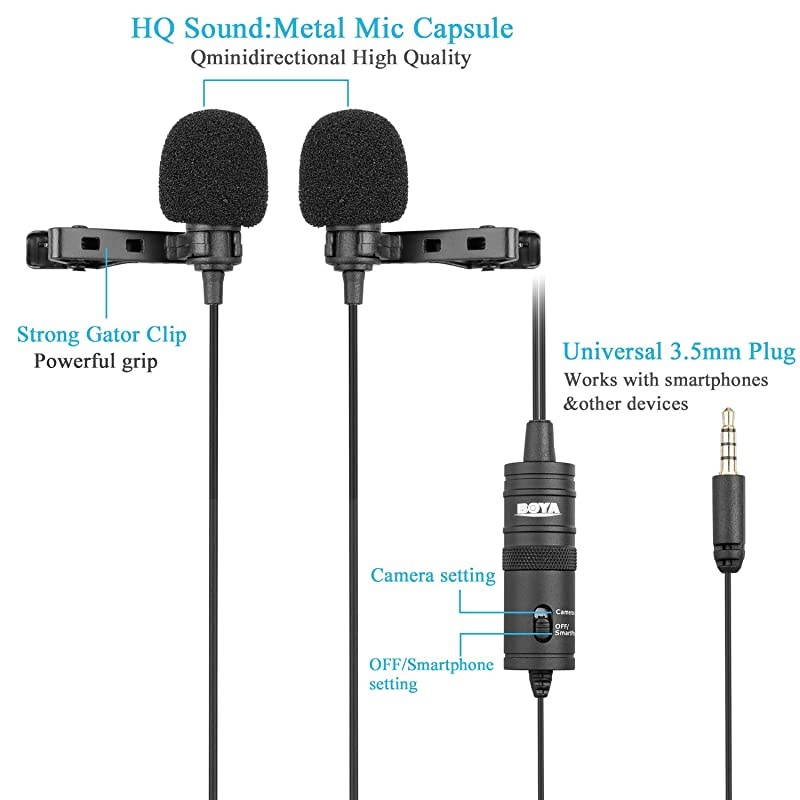 Professional Premiun Dual Lavalier Microphone  Lapel Clipon Omnidirectional Condenser Mic for iOS iPhone DSLR Guitar Android Smartphone Recording YouTube Interview Podcast Blog Vlog