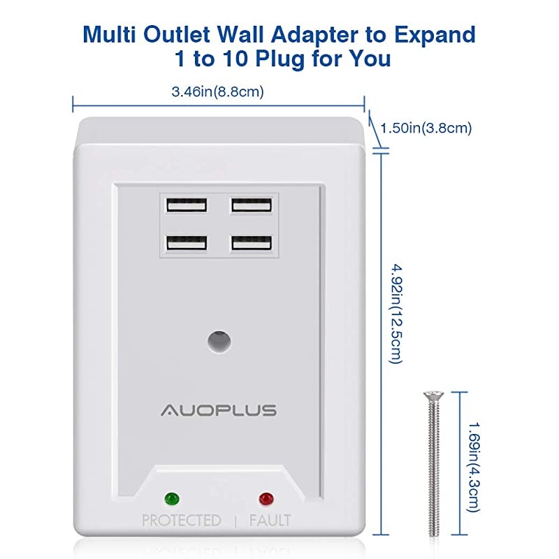 Outlet Wall Adapter AUOPLUS Power Strip with 6 AC Outlets and 4 USB Ports5V31A Mountable Grounded Surge Protector Portable Outlet Extender for TV Computer Laptops Smartphone Home Office