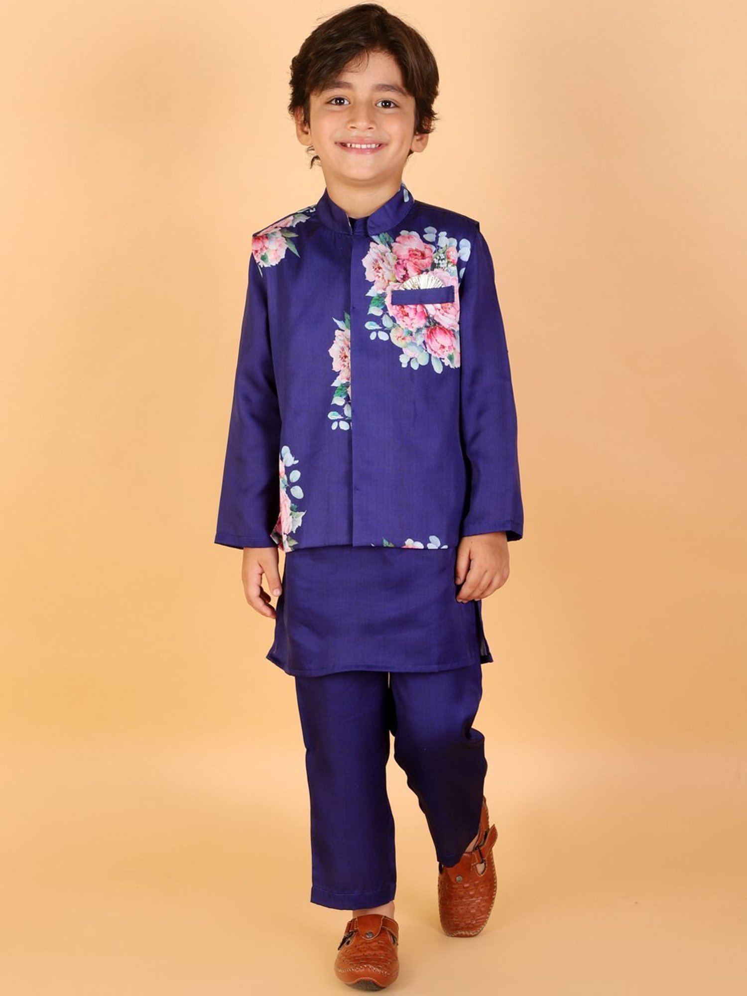 Lil Drama Kids Blue & Pink Floral Print Full Sleeves Kurta Set