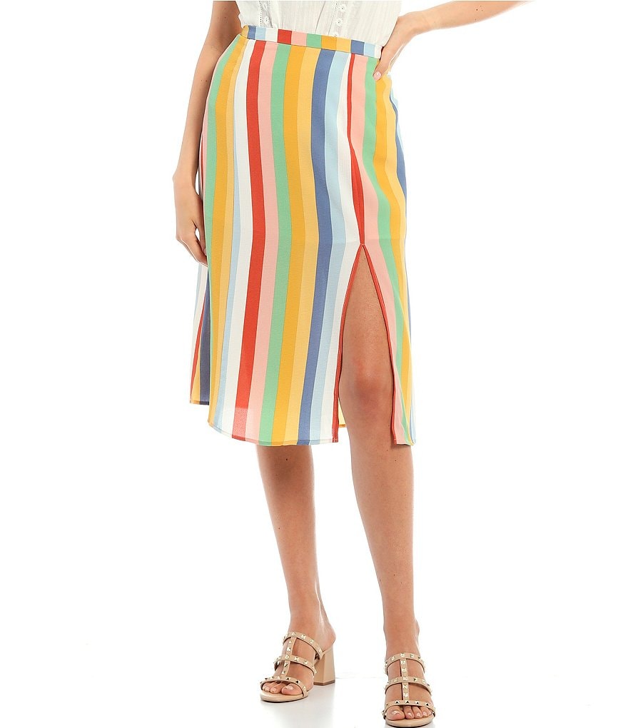 June & Hudson Stripe Side Slit Midi Skirt