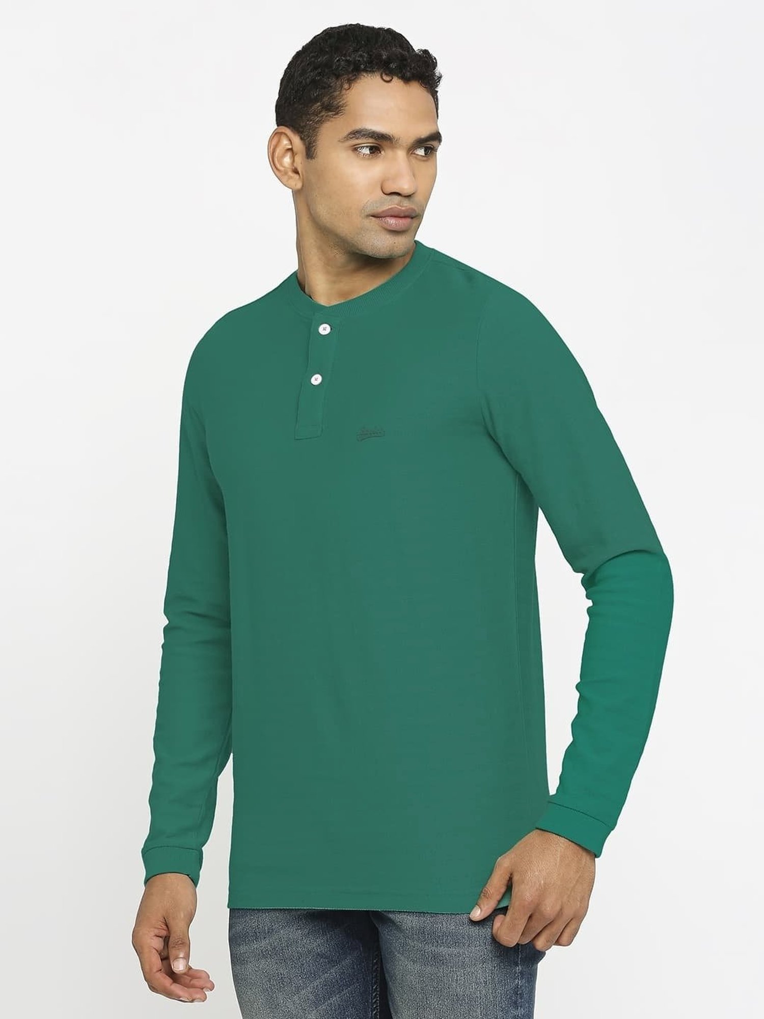 Basics Green Cotton Muscle Fit Henley T-Shirt