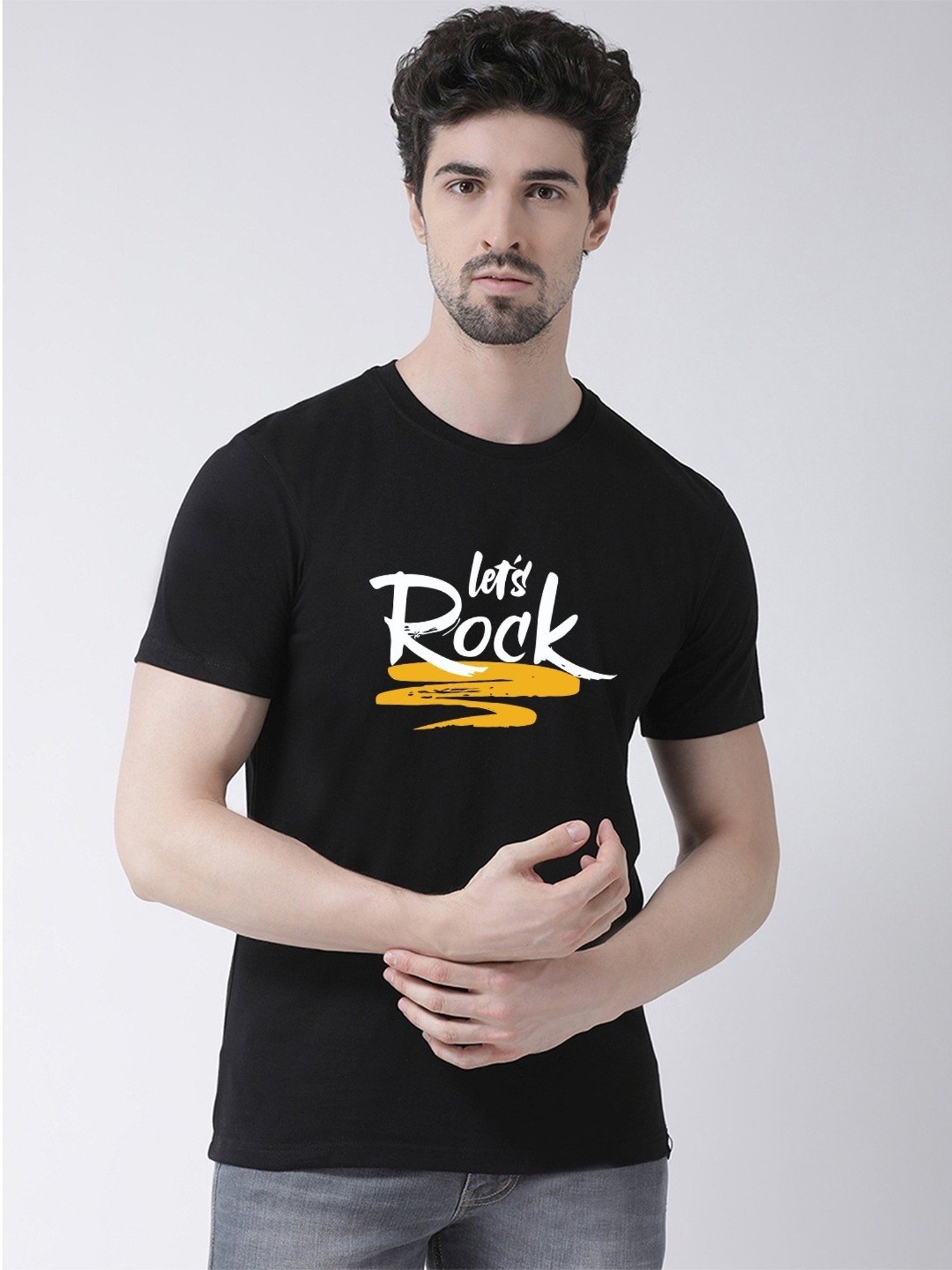 Friskers Black Cotton Slim Fit Printed T-Shirt