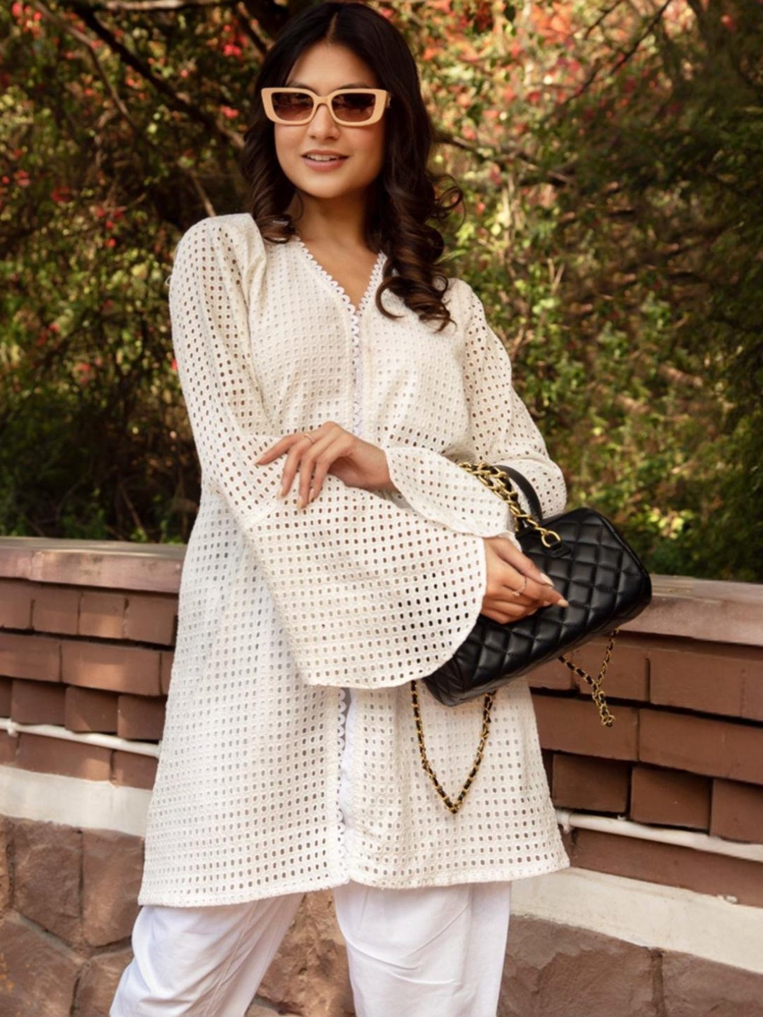 Calmna Pearl White Schiffli Tunic with Pant Co-ord Set