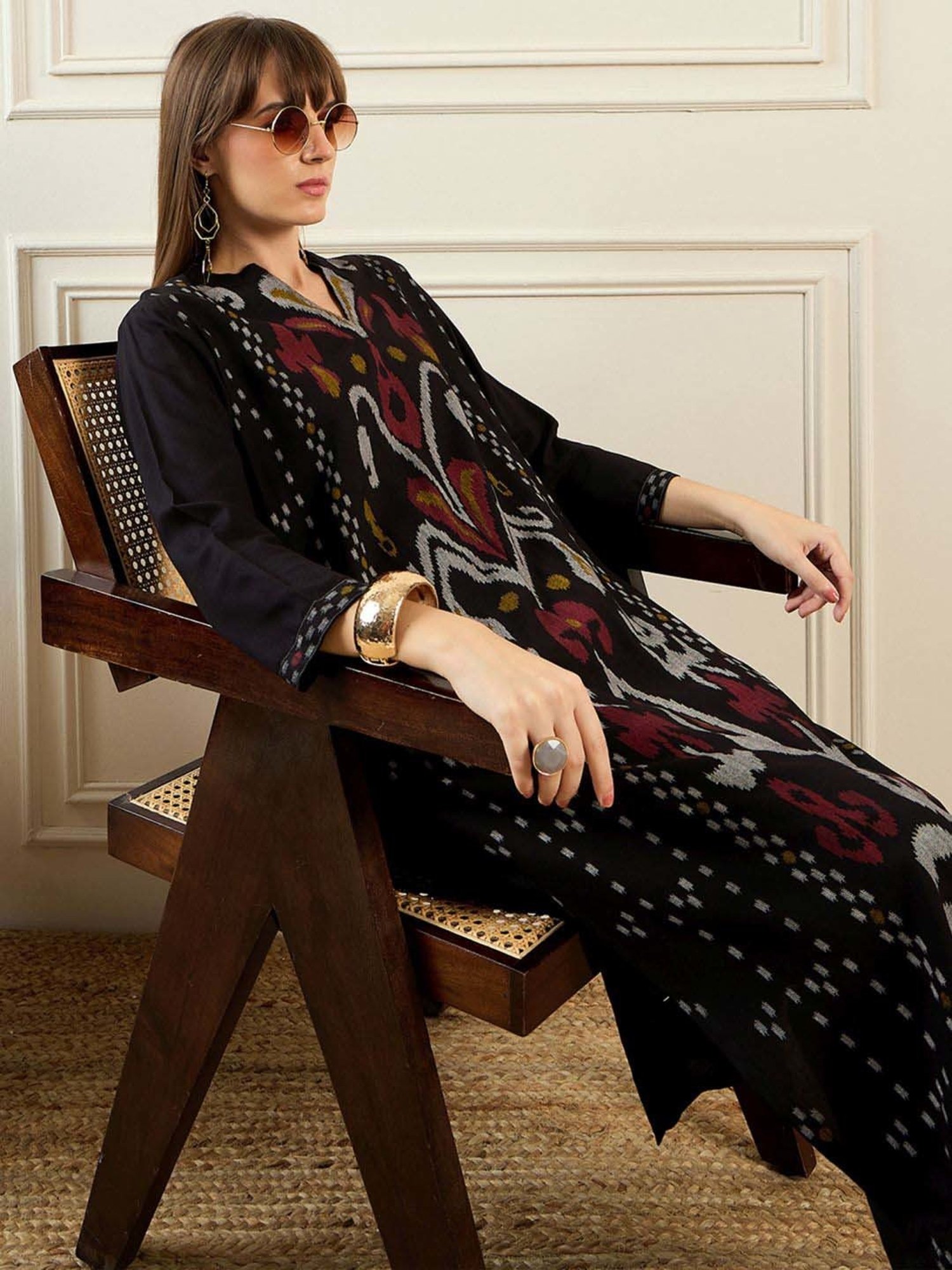 Indo Era Black Printed Straight Kurta