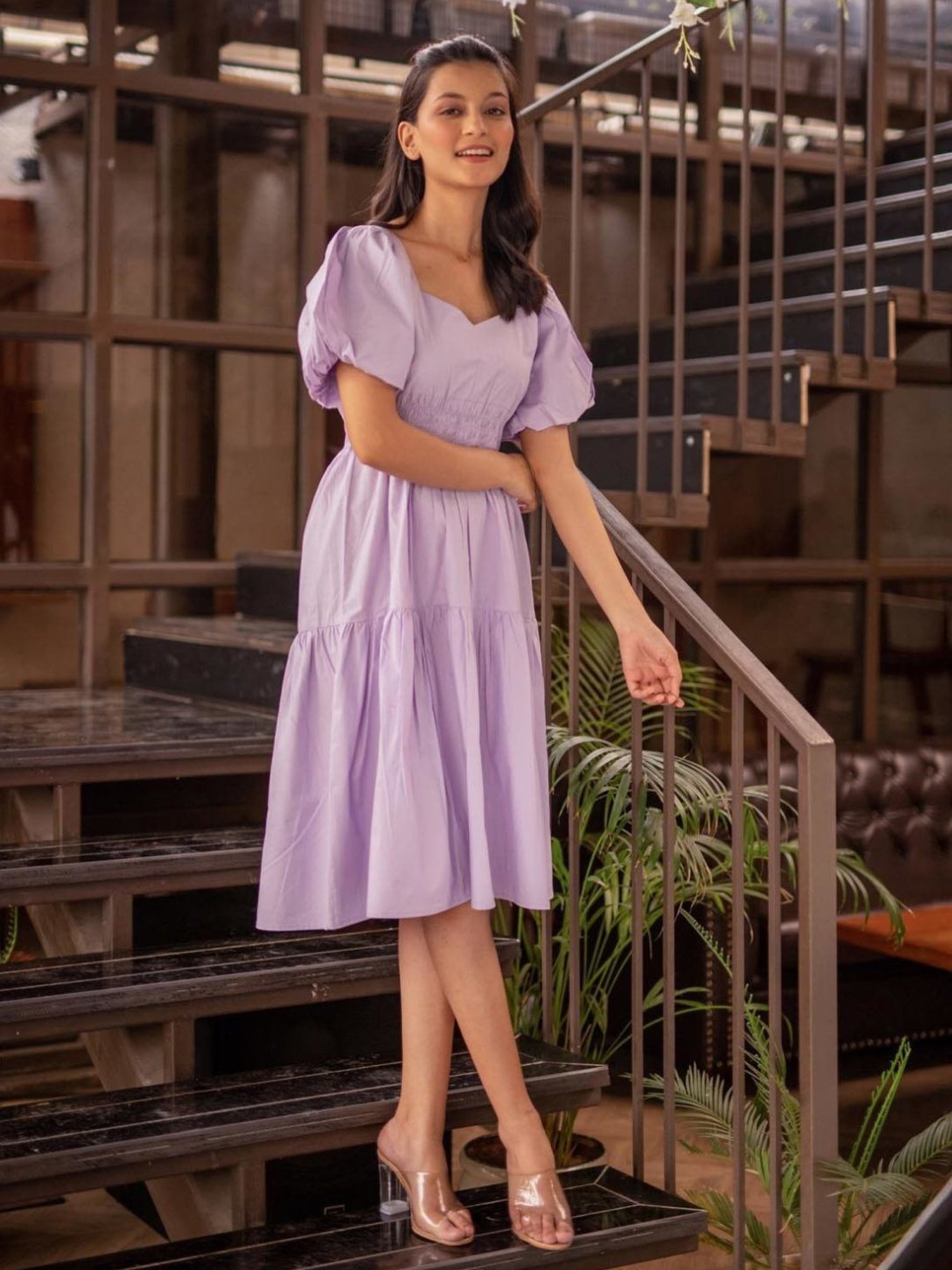 BInfinite Lavender Bishop Sleeve Shirred Waistline Dress
