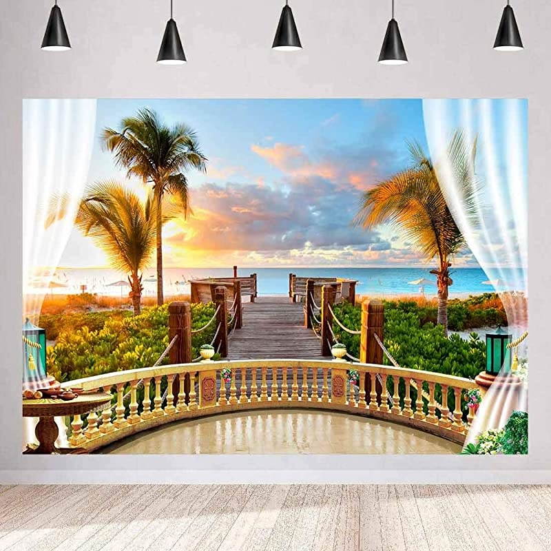 Seaside Scenery Backdrop Wooden Bridge Railing Plant Sunset Sea Background Wedding Photography Ocean Theme Party Studio Props Background 10x7ft HUIMT072