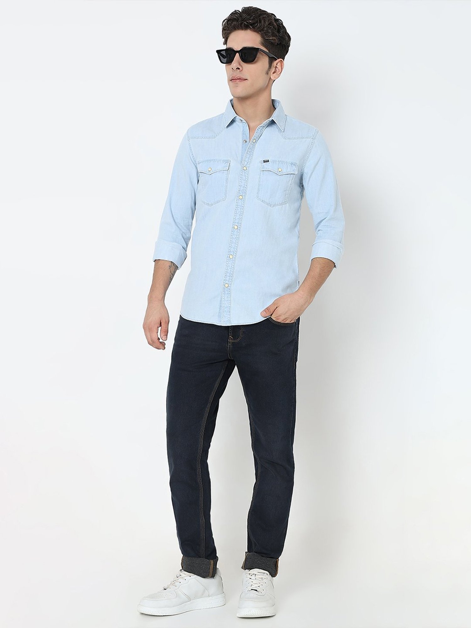 Kuons Avenue Cobalt Blue Slim Fit Denim Shirt