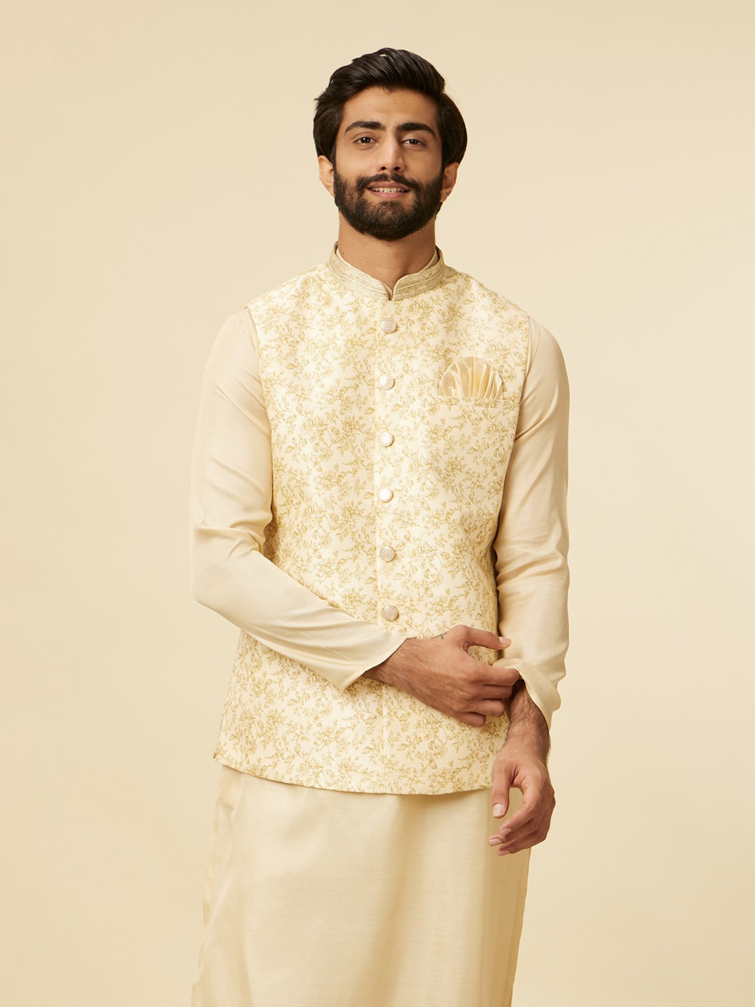 Manyavar Light Beige Regular Fit Printed Nehru Jacket