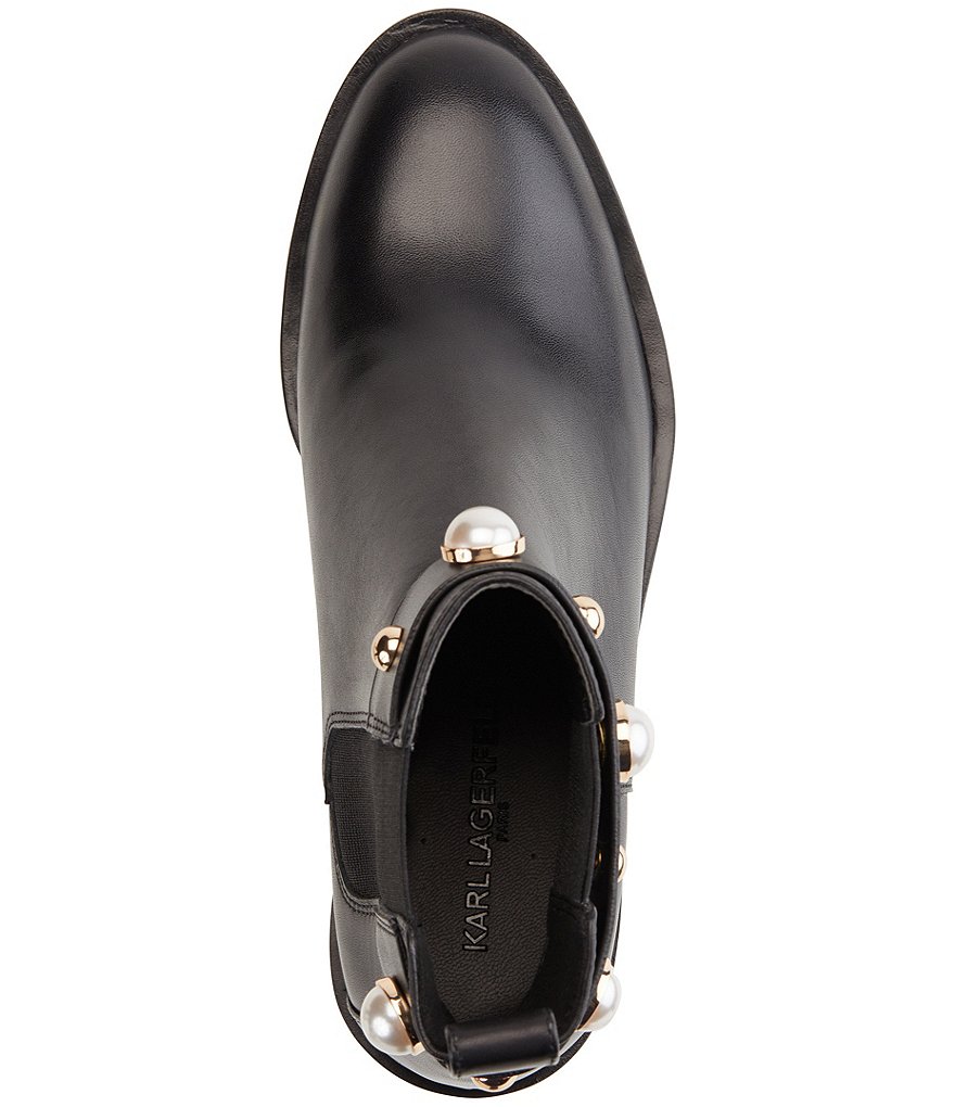 KARL LAGERFELD PARIS Pola Leather Pearl Stud Ankle Strap Lug Sole Chelsea Booties