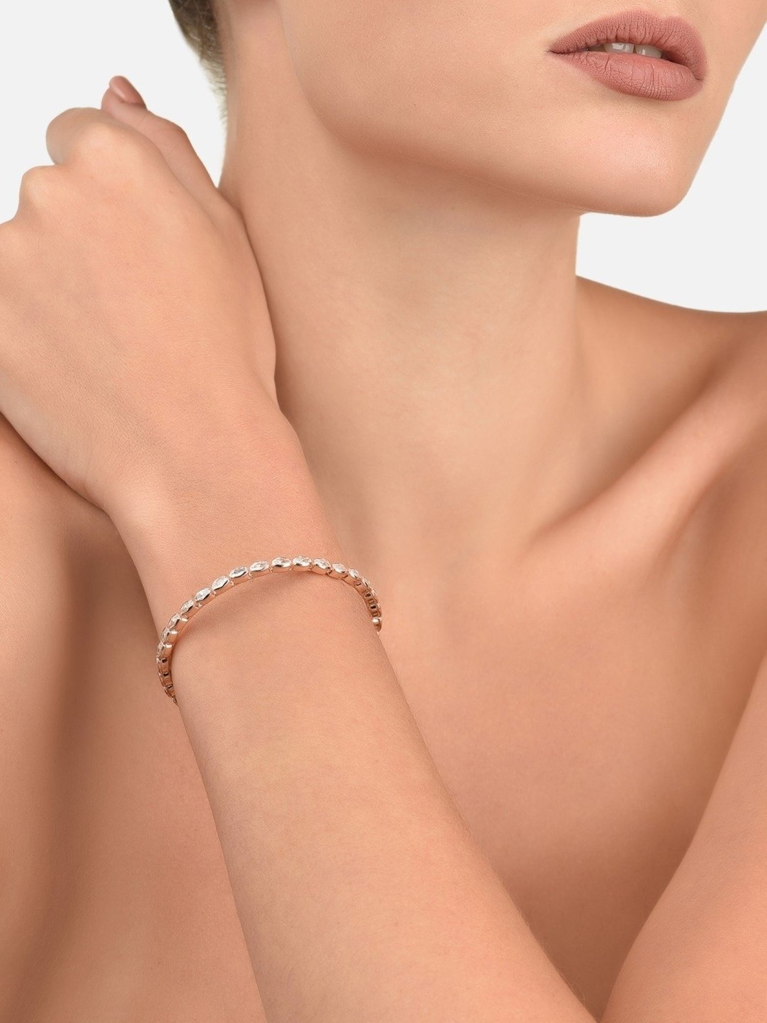 Zaveri Pearls Rose Gold Dazzling Cubic Zirconia 2 Strands Necklace Earring & Bracelet Set-ZPFK12571