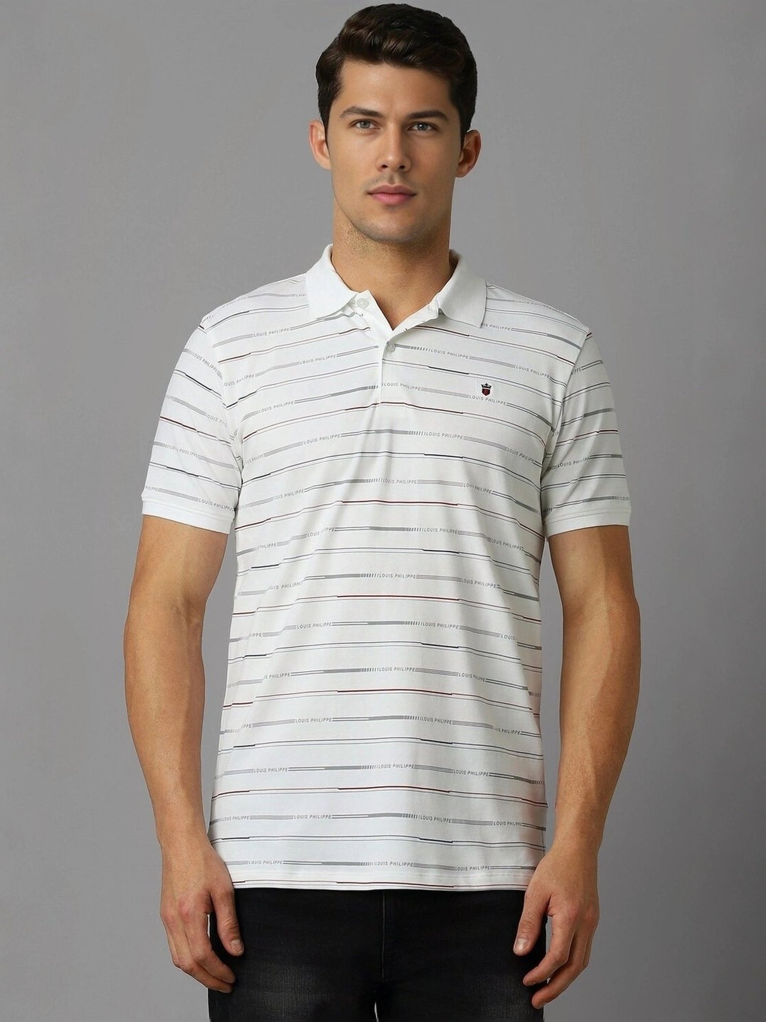 Louis Philippe White Cotton Slim Fit Striped Polo T-Shirt