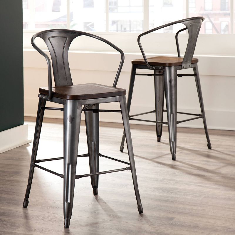 Set of 4 26" Industrial Modern Mid Back Galvanized Steel Counter Height Barstool with Arms and Solid Ash Wood Seats Gunmetal/Walnut - OFM