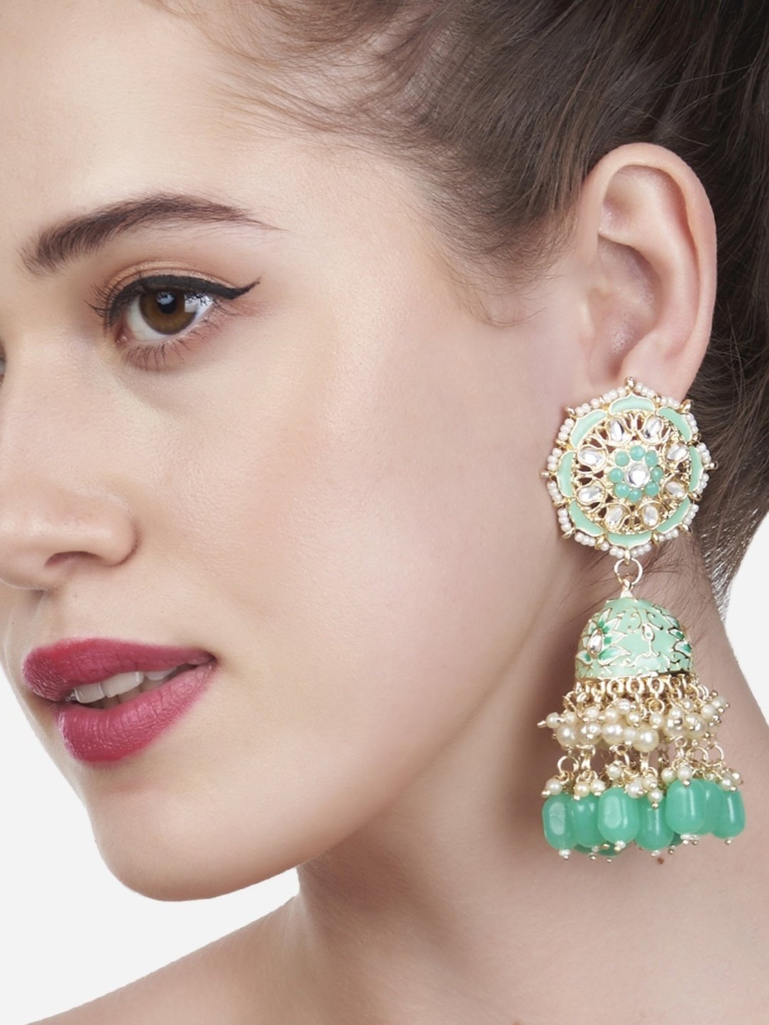 Zaveri Pearls Green Meenakari Floral Design Kundan Jhumki Earrings - ZPFK13186