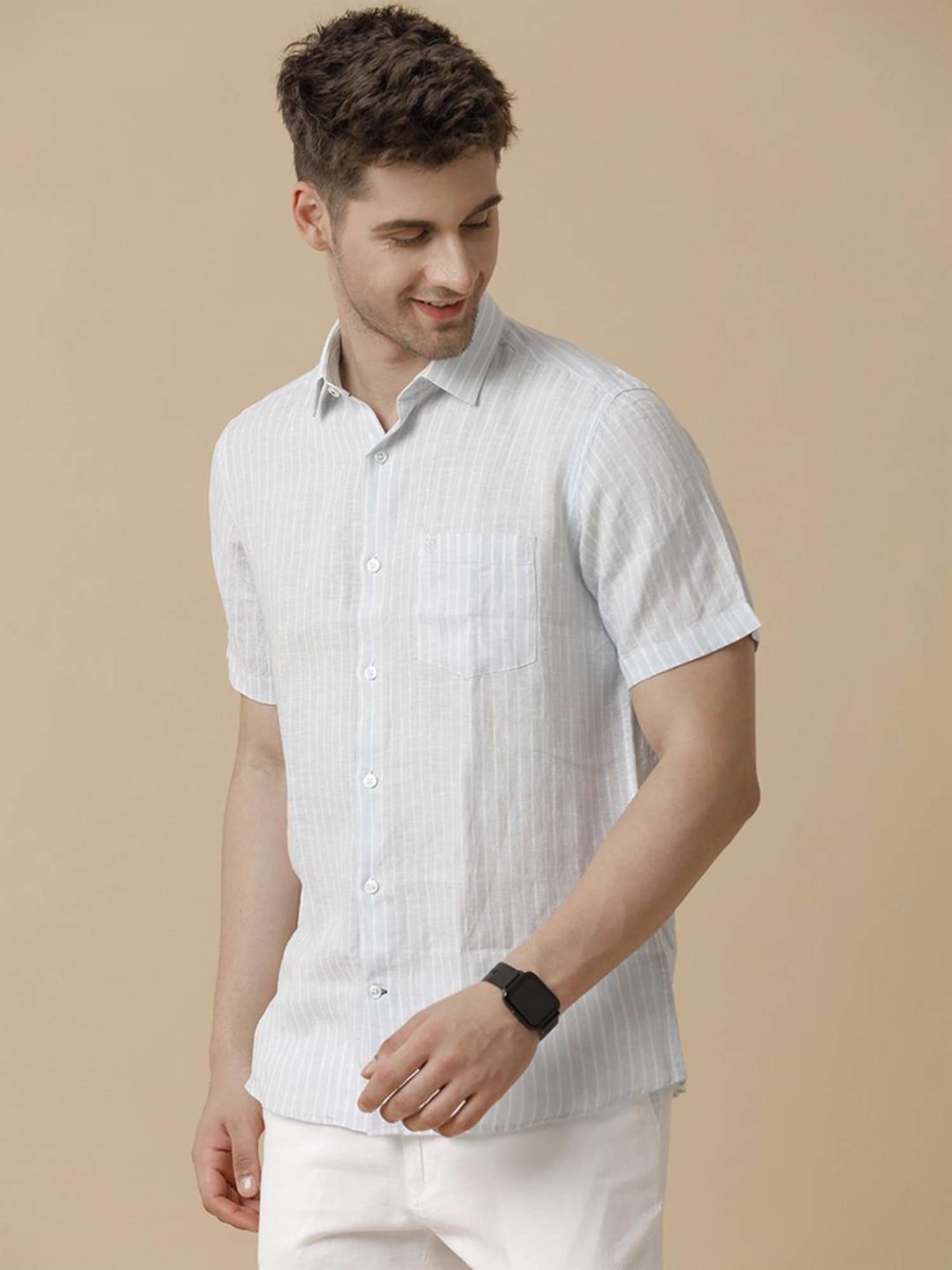 Linen Club Blue Linen Contemporary Fit Striped Shirt