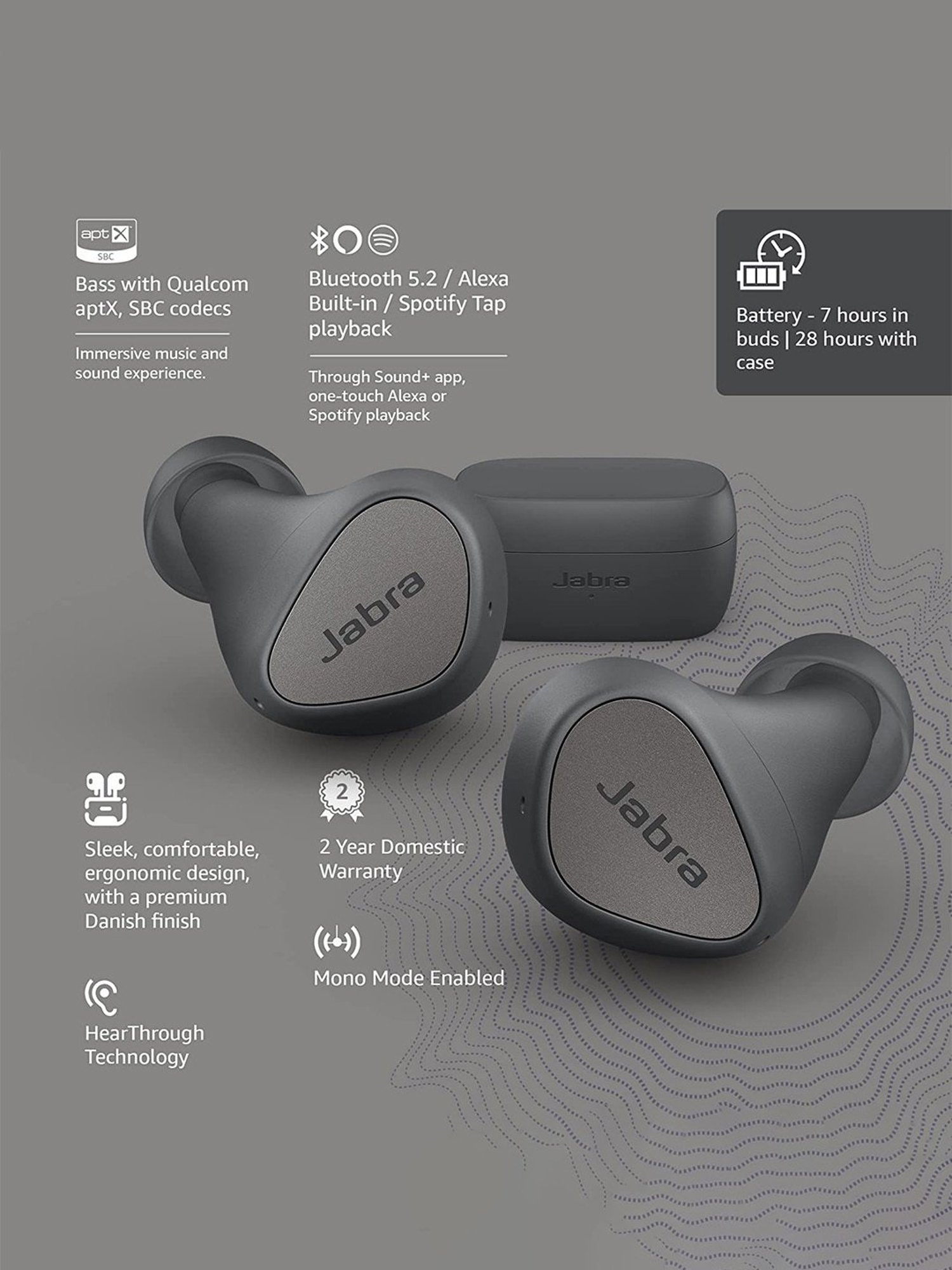 Jabra Elite 3 in Ear Bluetooth Truly Wireless in Ear Earbuds, Noise Isolating (Dark Grey)