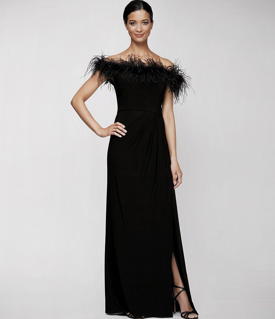Alex Evenings Stretch Matte Jersey Feather Off-the-Shoulder Front Slit Gown