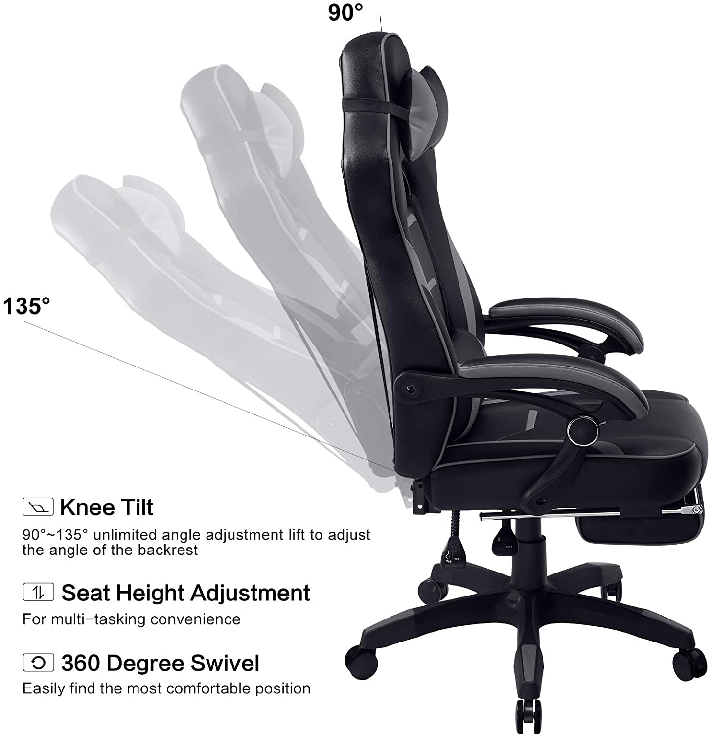 Gaming Chair with Footrest Office Desk Chair Ergonomic Gaming Chair Pu Leather High Back Adjustable Swivel Lumbar Support Racing Style Esports Gamer Chairs Gray