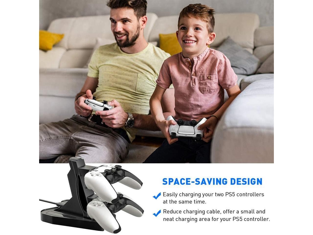 Charger for PS5 DualSense Wireless Controller, Charging Station with Dual USB C Ports & LED Indicator, Charger Stand Dock for Sony Playstation 5 Dualsense (Black)