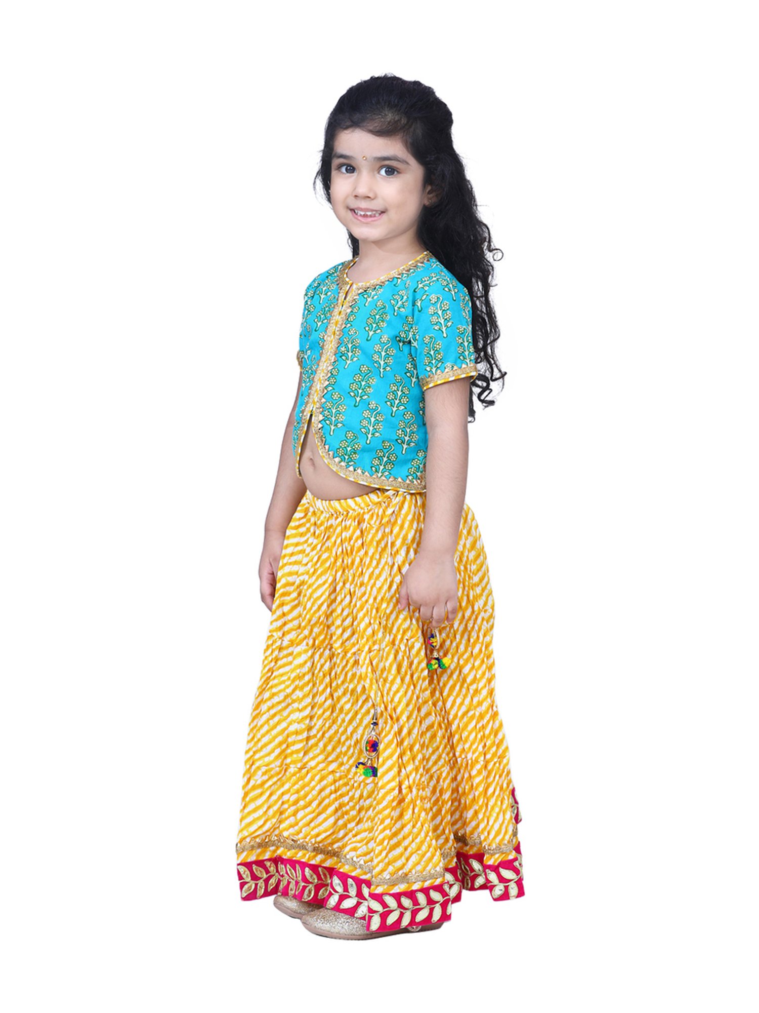 BownBee Kids Green Cotton Printed Lehenga Choli