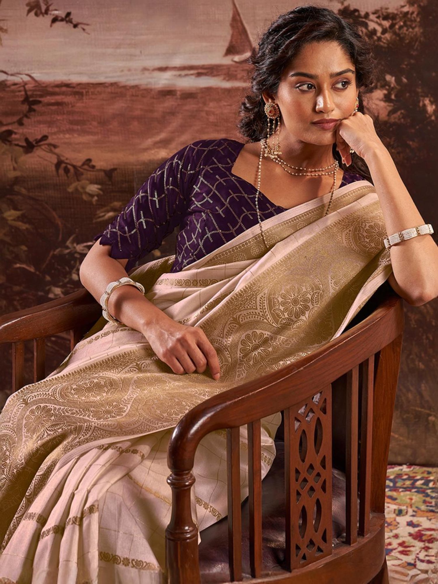 Satrani Beige Woven Saree With Unstitched Blouse