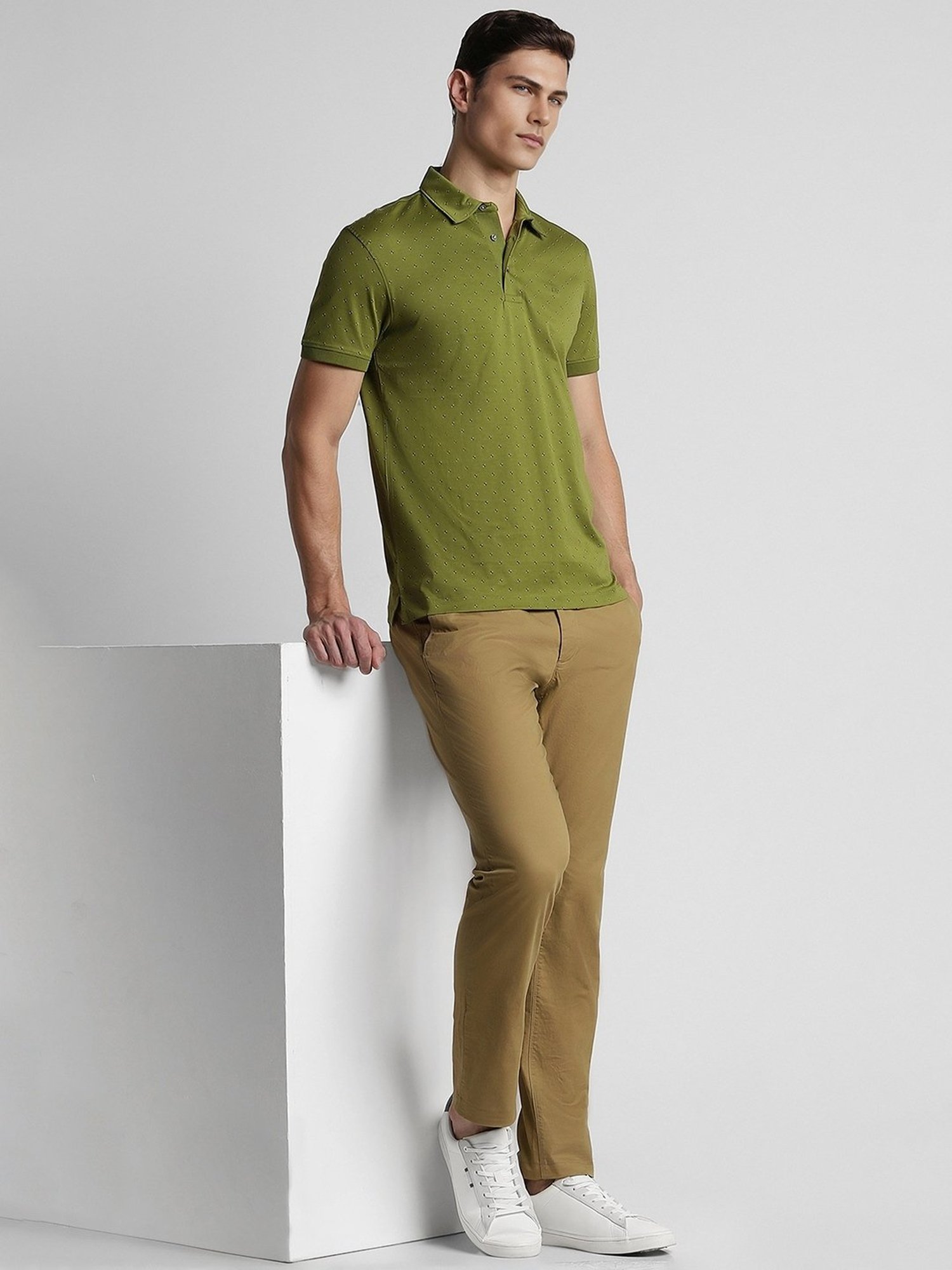 Peter England Green Cotton Slim Fit Printed Polo T-Shirt