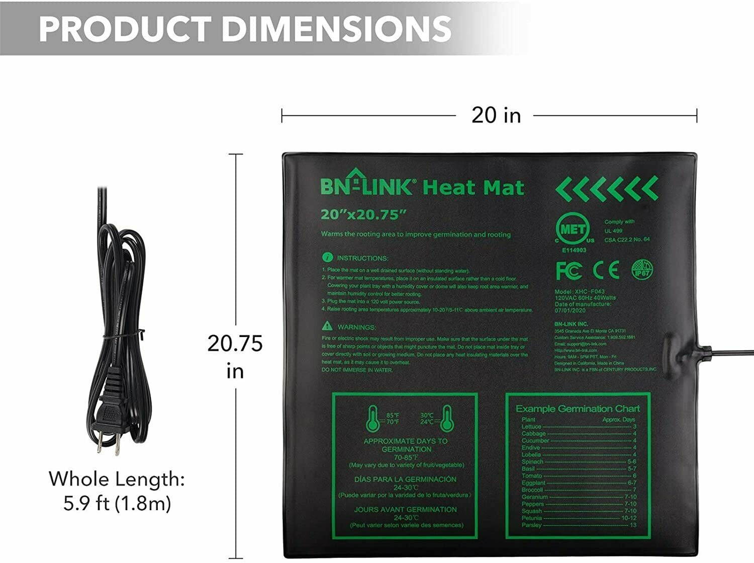 Seedling Heat Mat 20" x 20.75" with Heng Thermostat Outlet Controller