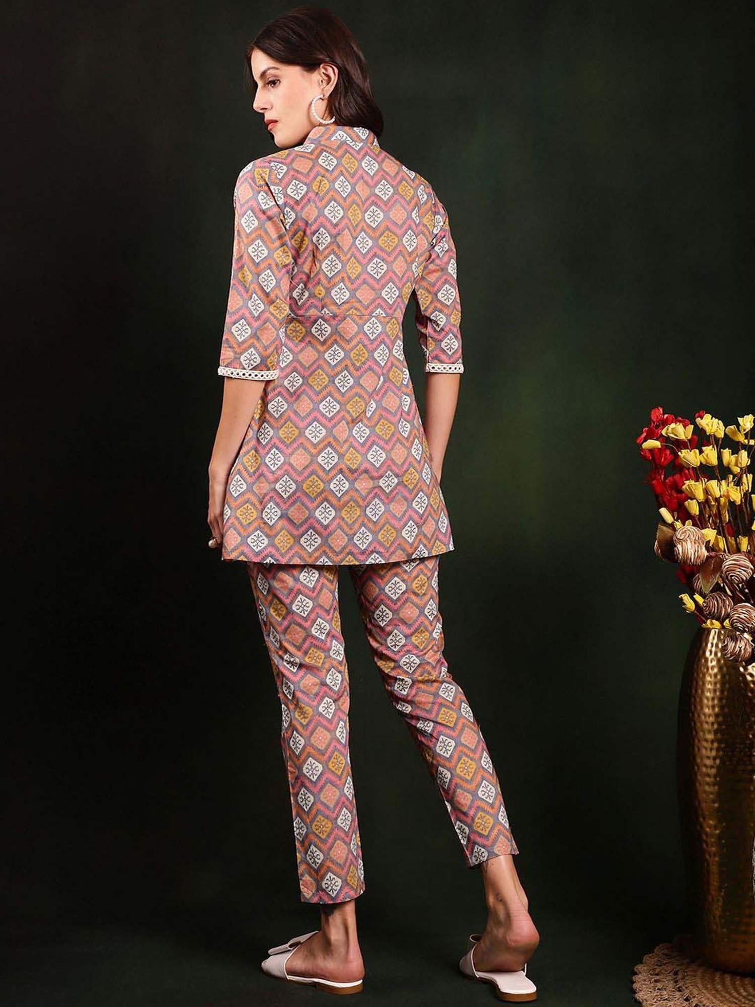 Claura Grey Cotton Printed Top Pant Set