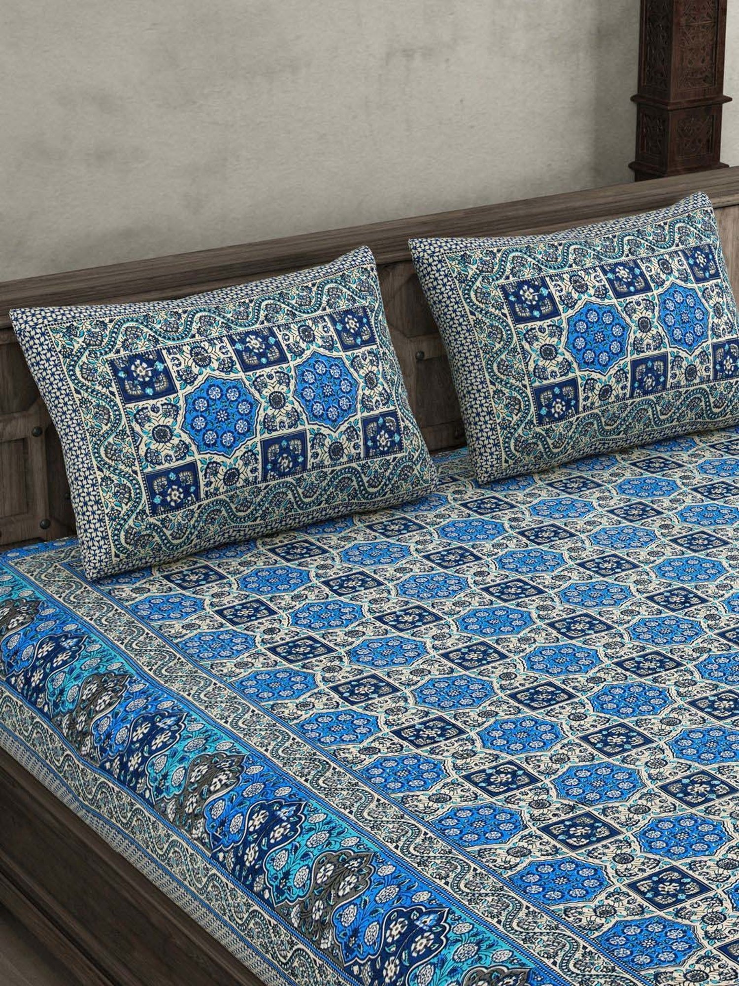 JaipurFabric Denim Blue Cotton 180 TC Double Bedsheet with 2 Pillow Covers