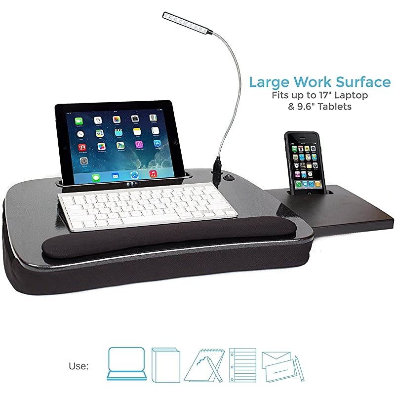 Multi Tasking Memory Foam Lap Desk with USB Light and Mouse Pad - Portable Foldable Home Working Office Workstation - Bed Table Tray for Eating - Fits Computer Up to 15" - Soft Cushion