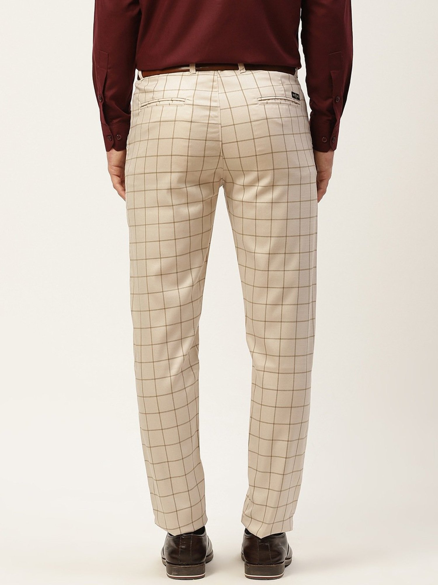 Sojanya Beige Cotton Regular Slim Fit Checks Flat Front Trousers