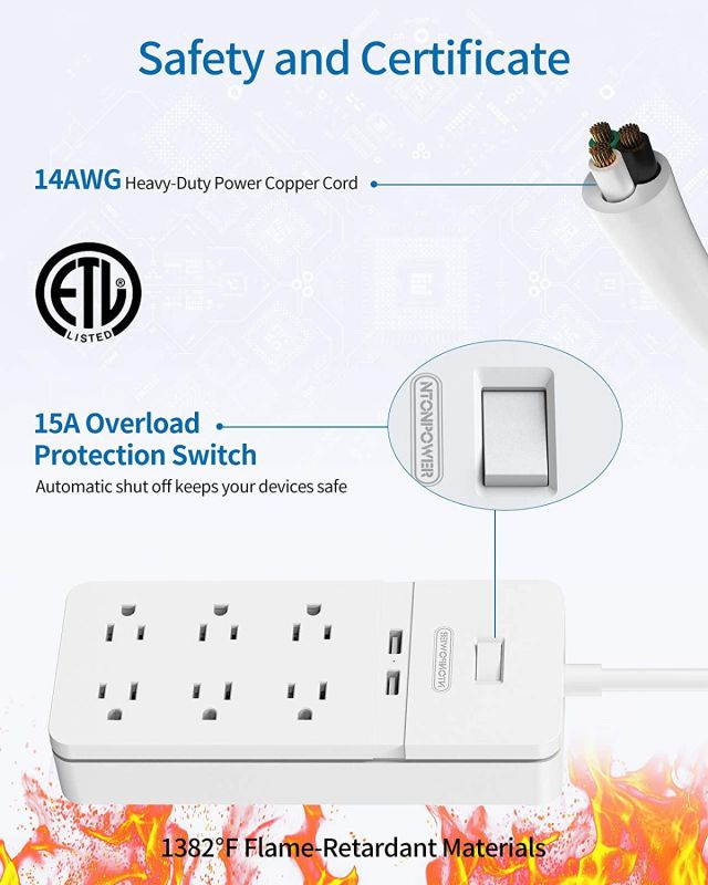 Surge Protector Power Strip with USB - NTONPOWER Flat Plug Extension Cord 5FT, 6 Outlets 2 USB Desktop Charging Station, ETL Listed, 15A Circuit Breaker, Wall Mount for for Home and Office - White