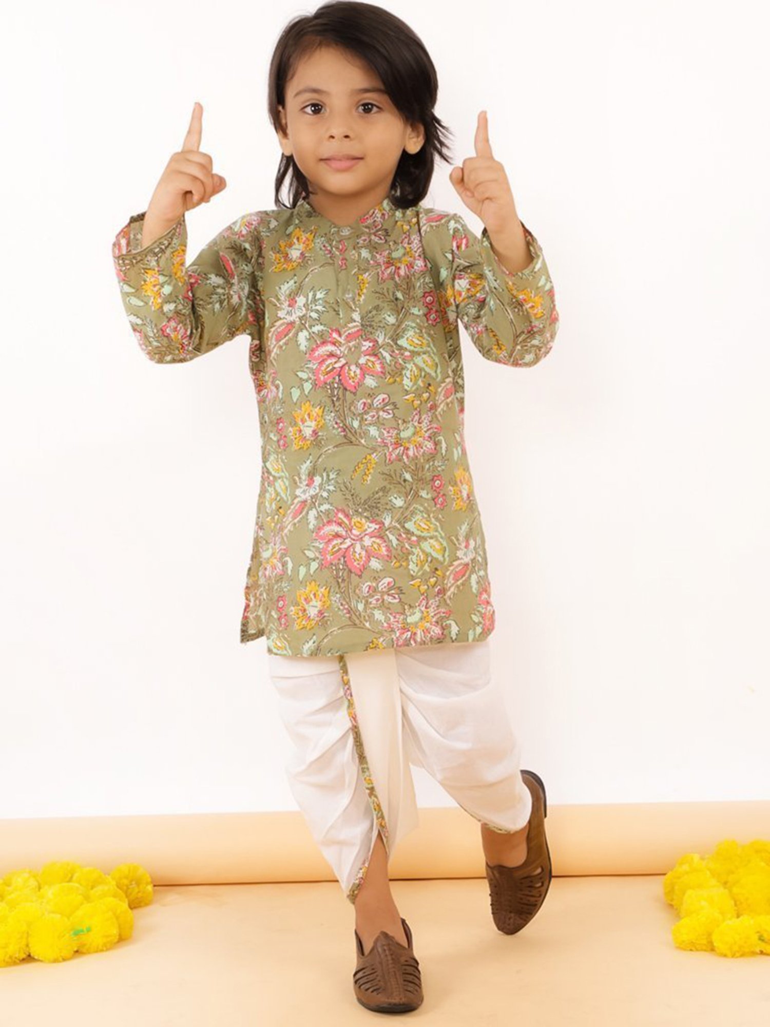 The Mom Store Boys Multicolor Floral Print Full Sleeves Kurta With Dhoti