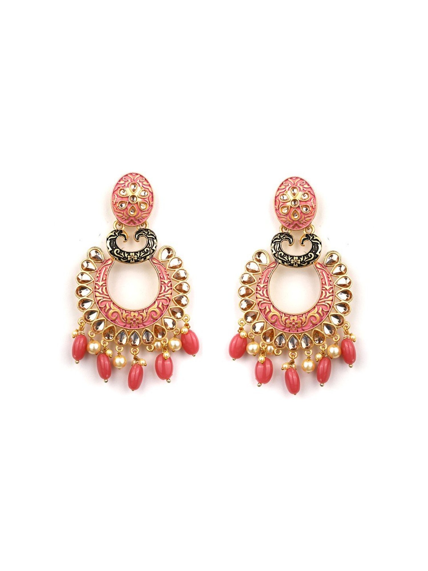 Priyaasi Kundan Studded and Beaded Meenakari Chand Bali Earrings