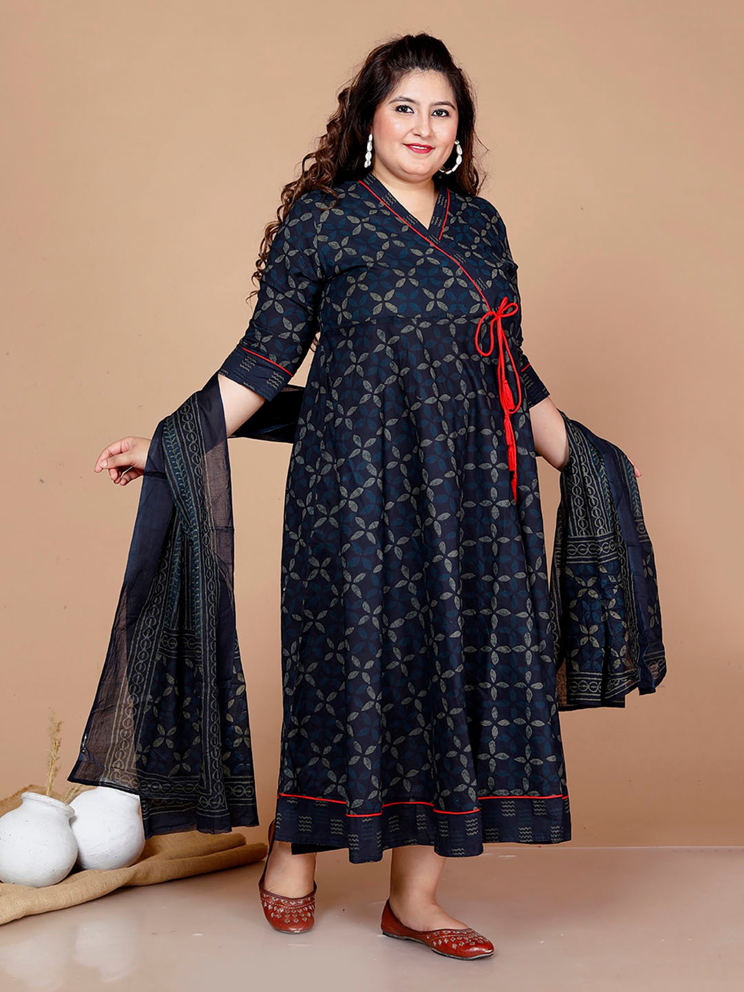 Miravan Blue Printed Fit & Flare Kurta With Dupatta