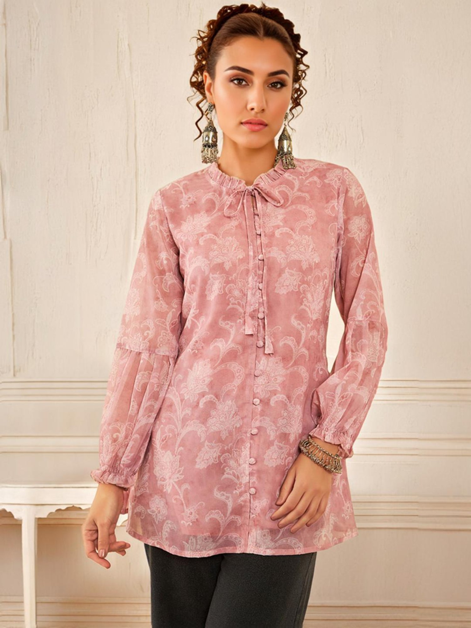Soch Peach Georgette Floral Printed Ruffle Neck Tunic With Tie-Ups