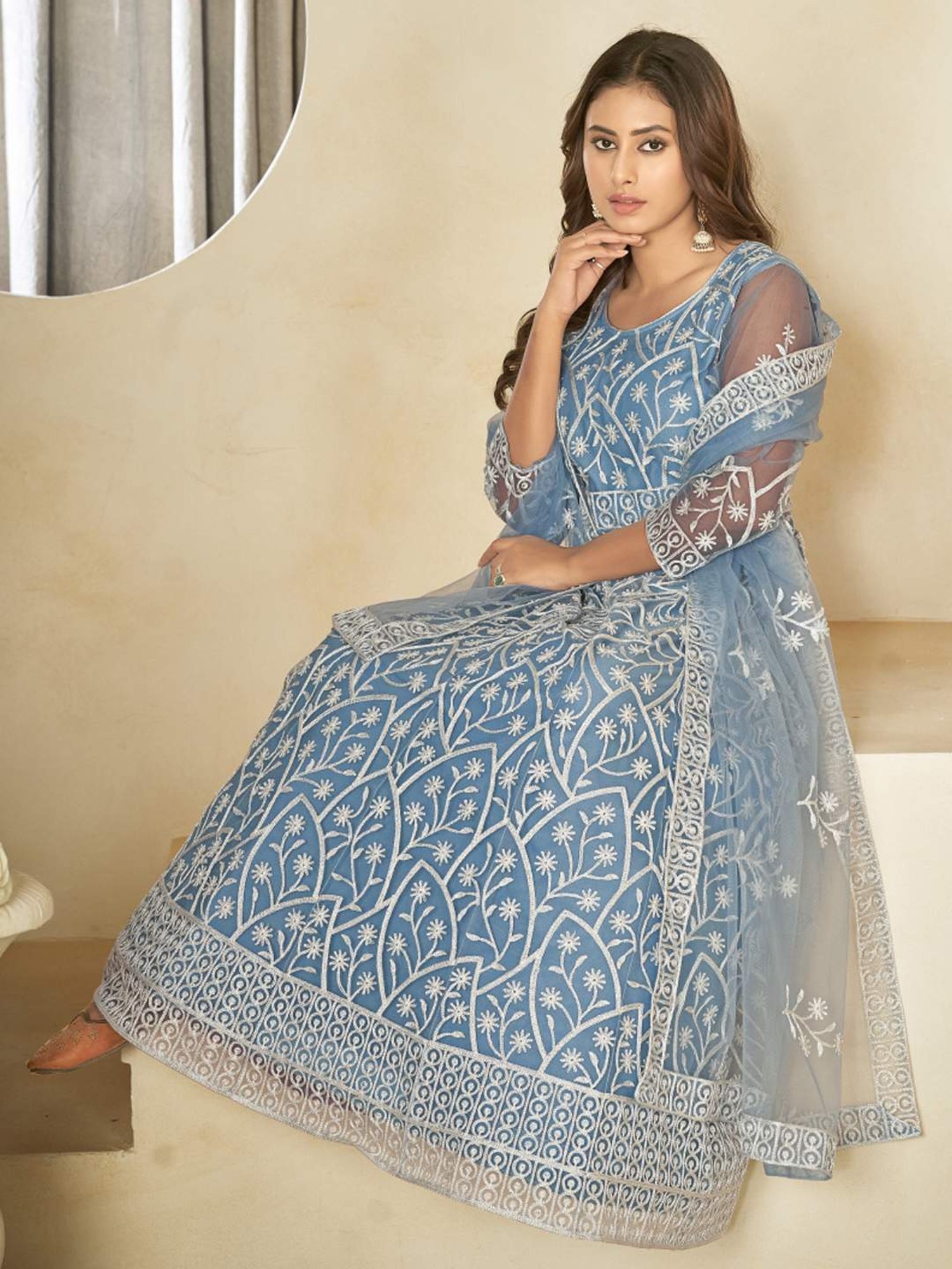 Warthy Ent Blue Embroidered Unstitched Dress Material