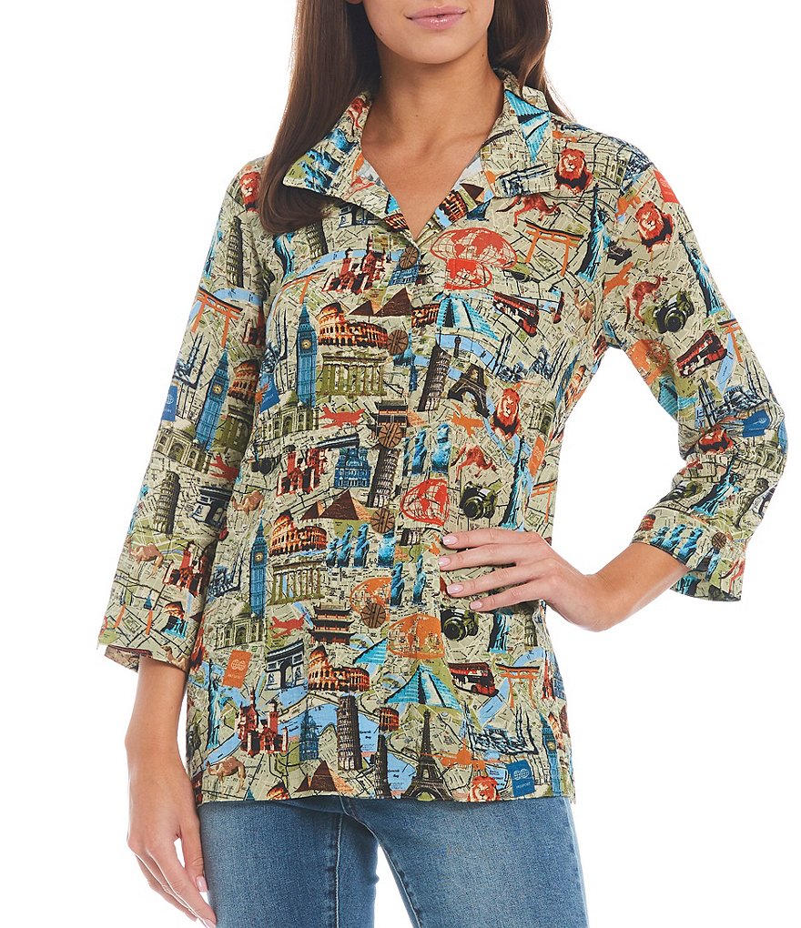 John Mark 3/4 Sleeve Wire Point Collar Neck Crinkle Novelty Print Pocket Tunic