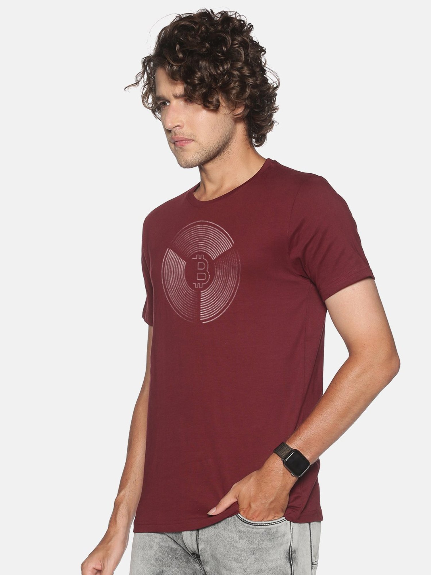 BLACK RADIO Maroon Slim Fit Printed Cotton Crew T-Shirt