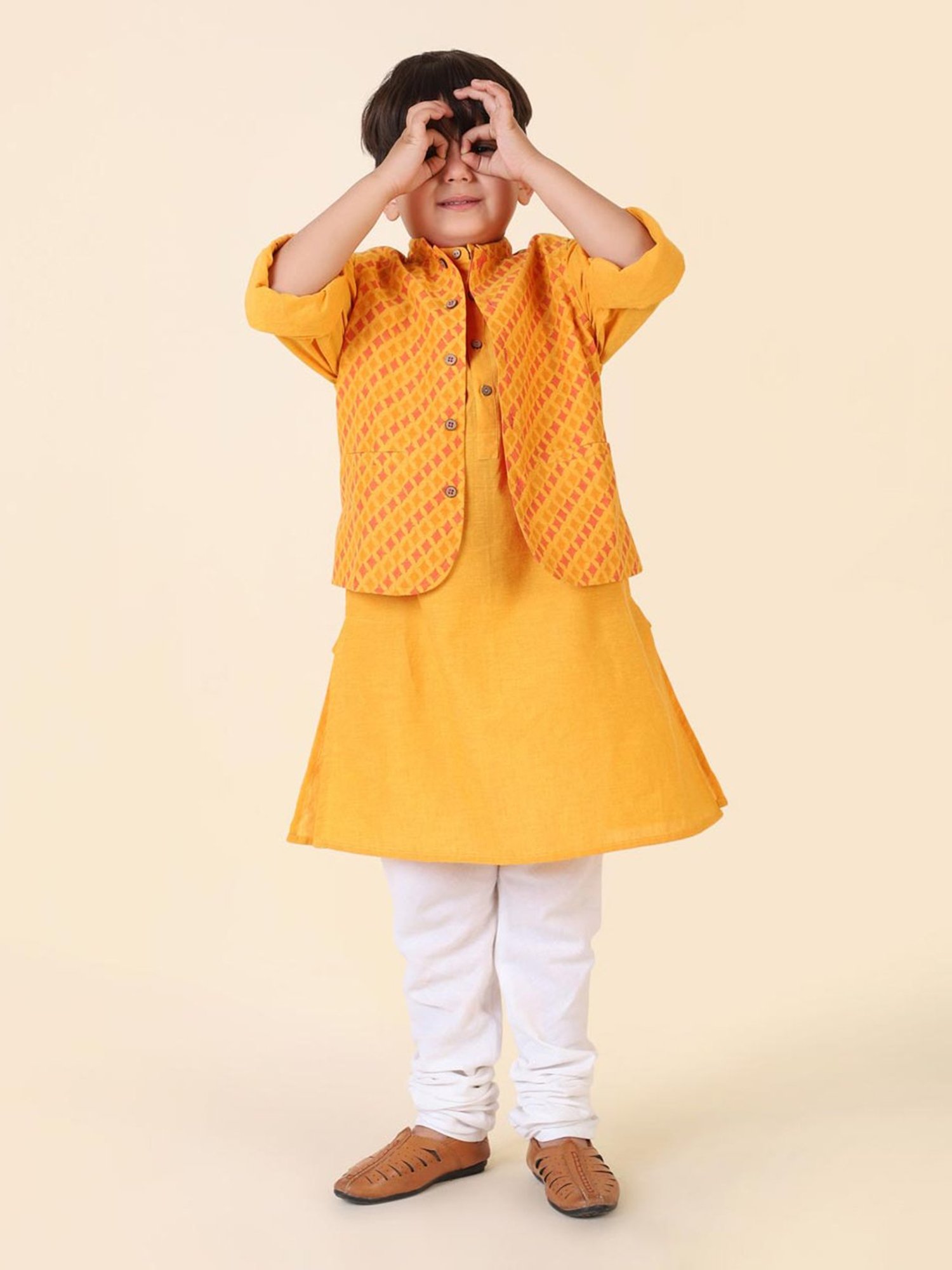 Fabindia Kids Yellow Printed Full Sleeves Kurta with Nehru Jacket