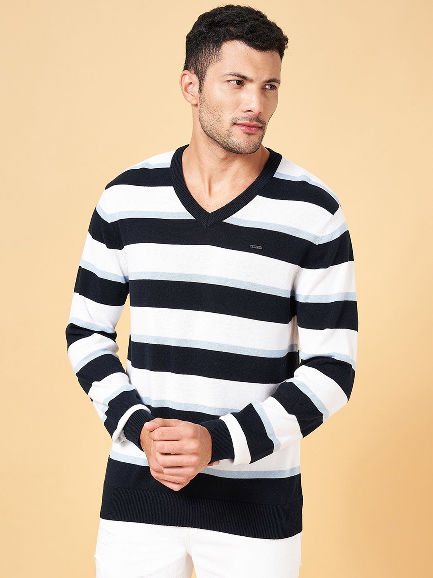 Byford by Pantaloons Blue Cotton Slim Fit Striped Sweater