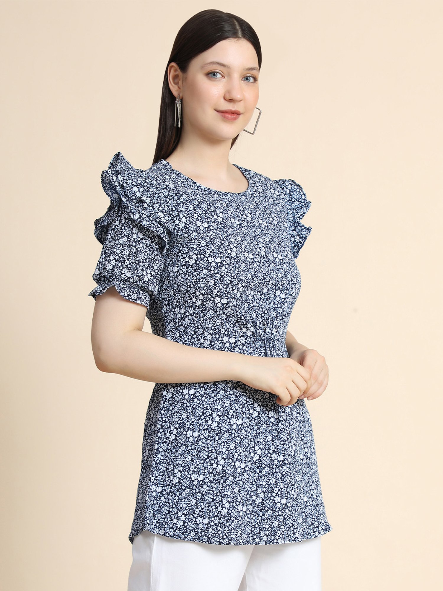 KERI PERRY Navy & White Floral Print Top