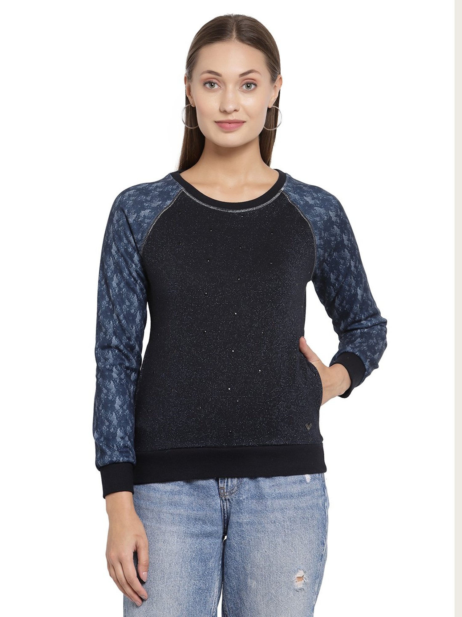 Juelle Navy Embellished Round Neck Sweatshirt