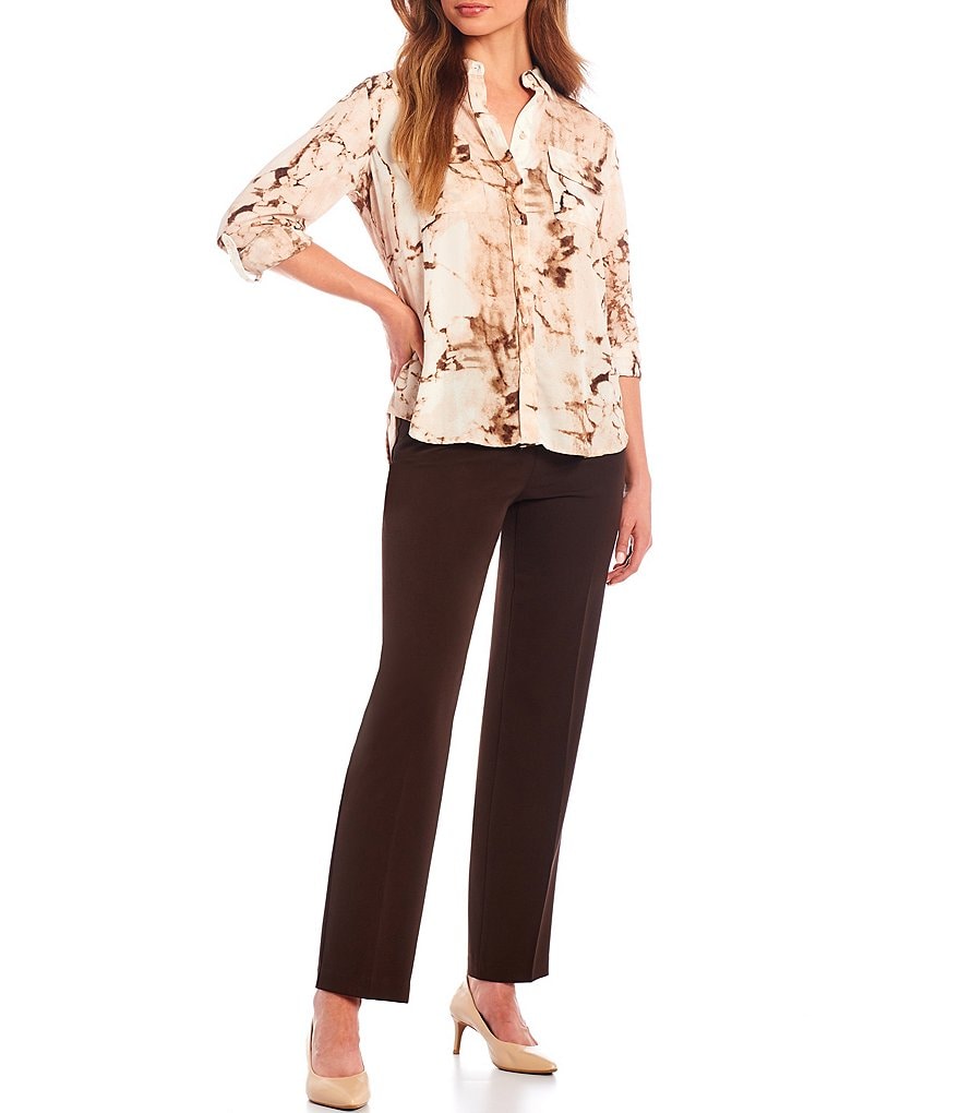 Investments Petite Olivia Long Sleeve Roll-Tab Button-Front Marble Print Utility Blouse