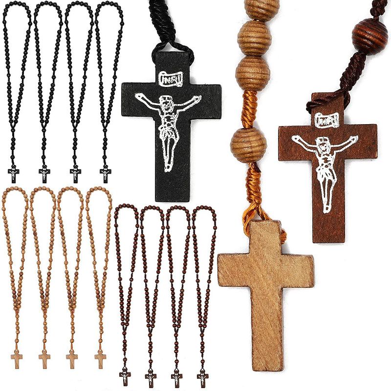 Juvolicious 12-Pack Catholic Rosary Beads, Maple Wood Cross Handmade Necklace Prayer Gifts