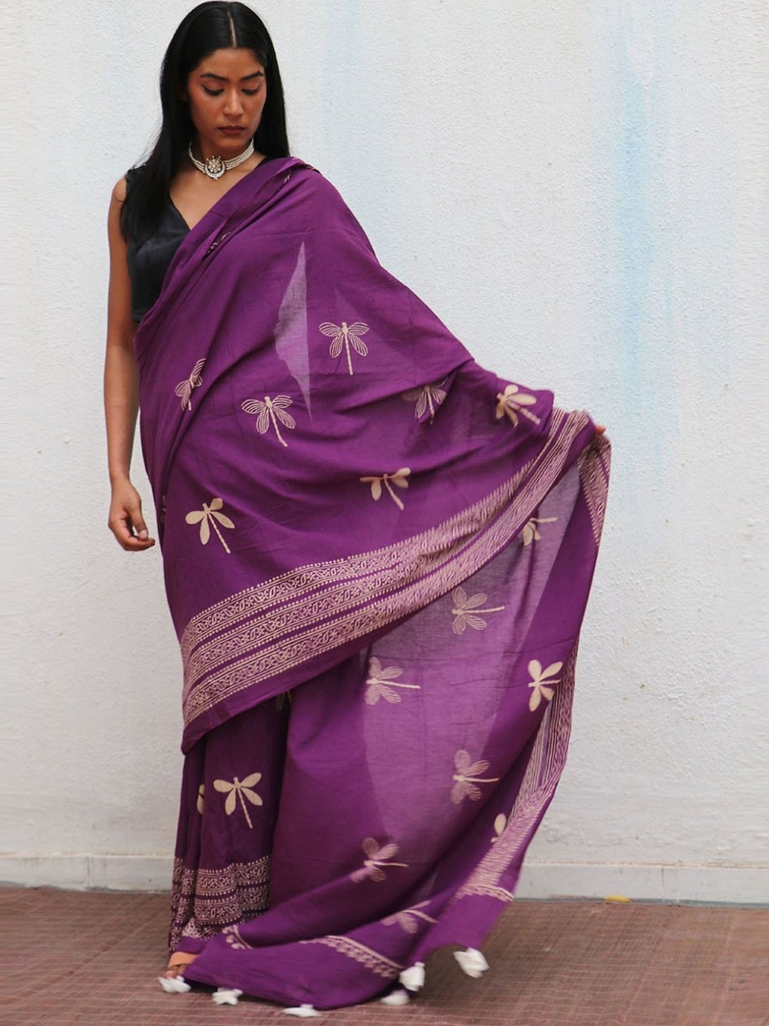 Chidiyaa Purple Fly Me to Moon Renaissance Handblockprinted Cotton Saree