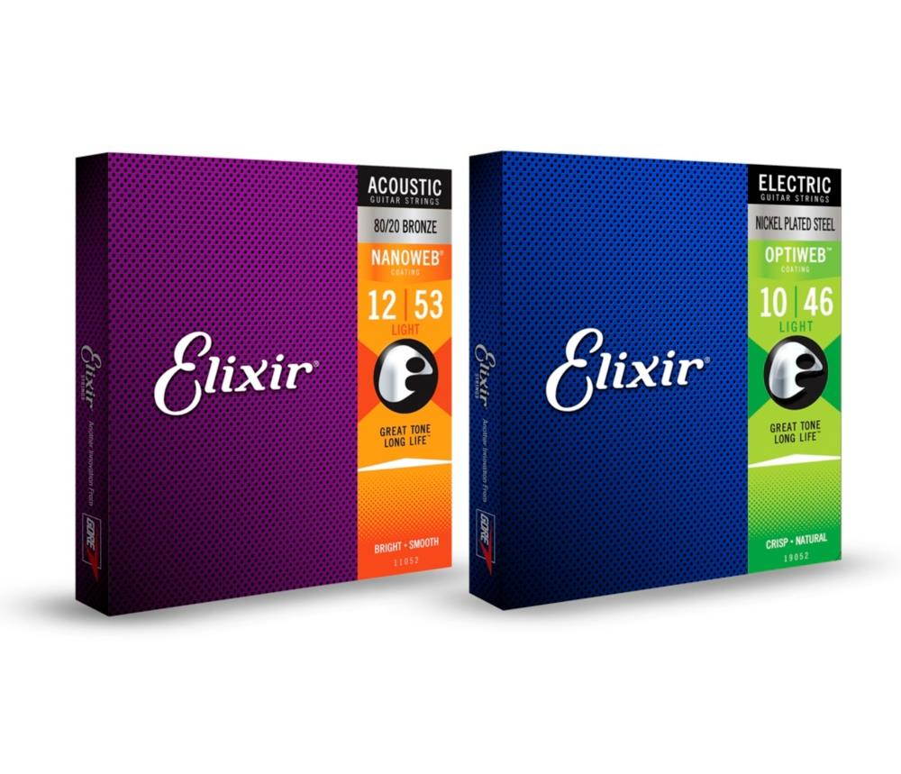 Elixir 2-Pack Light OPTIWEB Electric Guitar Strings and Light 80/20 Bronze NANOWEB Acoustic Guitar Strings Bundle