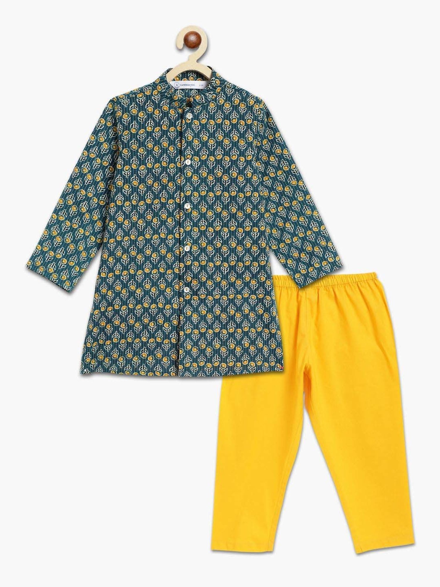 Campana Kids Yellow & Blue Cotton Printed Full Sleeves Kurta & pyjama