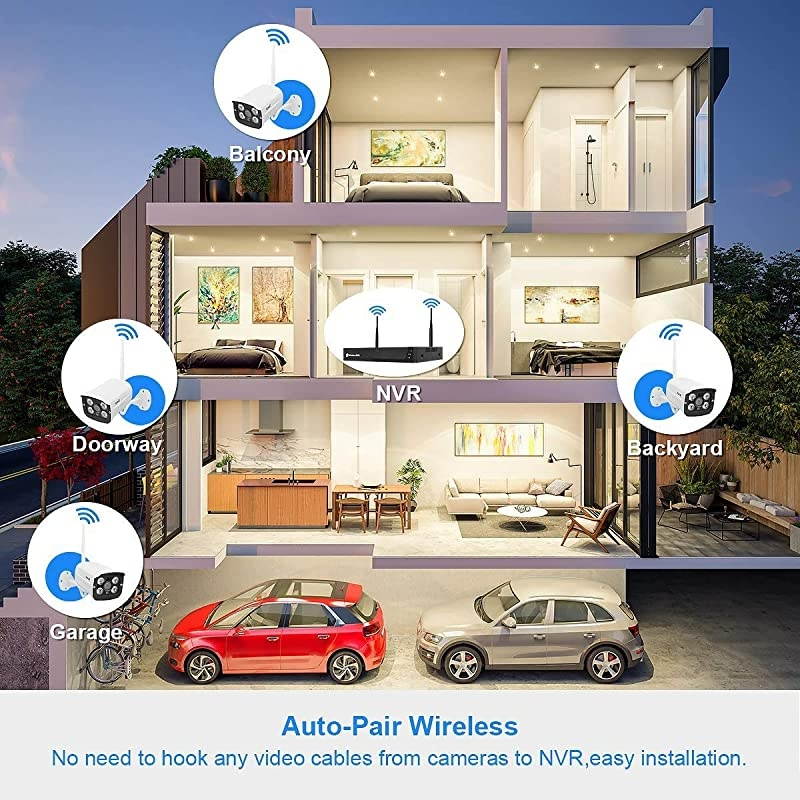 Wireless Security Camera System Outdoor Indoor Plug&Play 8-Channel NVR 4Pcs 2MP WiFi Video Surveillance Cameras with H.265 Night Vision, Motion Detection, P2P, 24/7 Recording, No Hard Drive