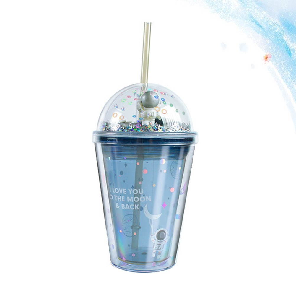 1pc Plastic Cup Cartoon Straw Cup Portable Double Layer Drinking Cup Creative Space Odyssey Pattern Bottles(380ml)